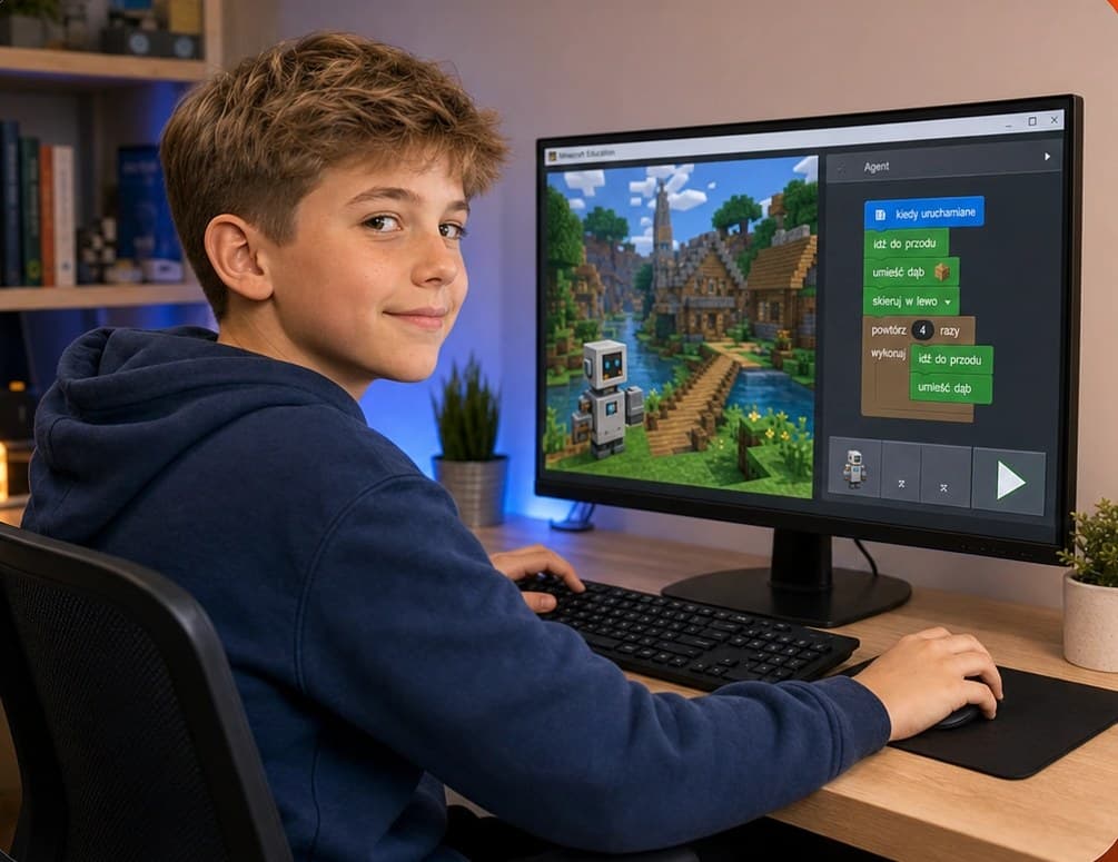 Djalë i buzëqeshur përpara laptopit pas mësimeve të suksesshme të kursit të programimit